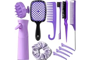 SUPHOUSE 12 Pcs Hair Brush Set for Women, Spray Bottle, 3 Pieces Slick Back Hair Brushes for Toddlers, Soft Scalp Massager, Detangling Hairbrush for Wet Dry Curly Hair Detangling, Wide Tooth Combs (purple)