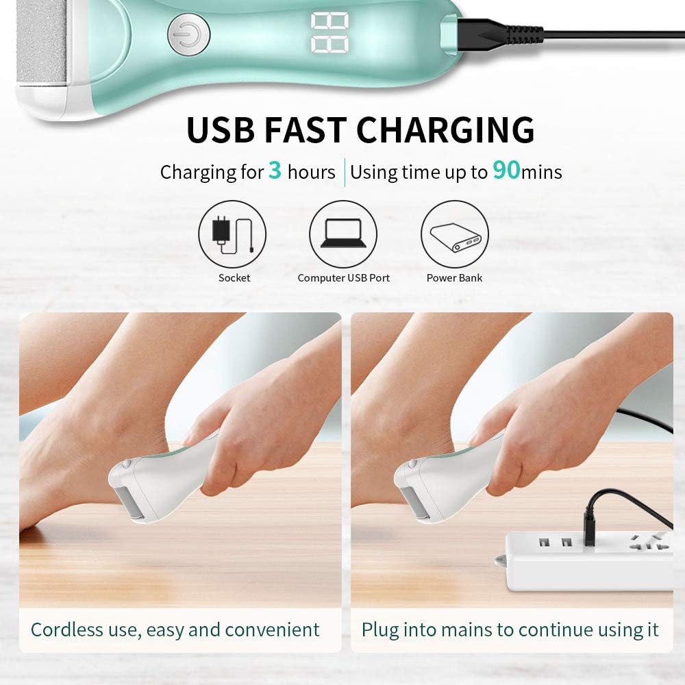 Electric Callus Remover, RUEOO Rechargeable Electronic Feet File Hard Skin Remover IPX7 Waterproof Pedicure Tool for Cracked Heels and Dead Skin, with 3 Coarse Roller Heads Foot Rasp: Health & Personal Care