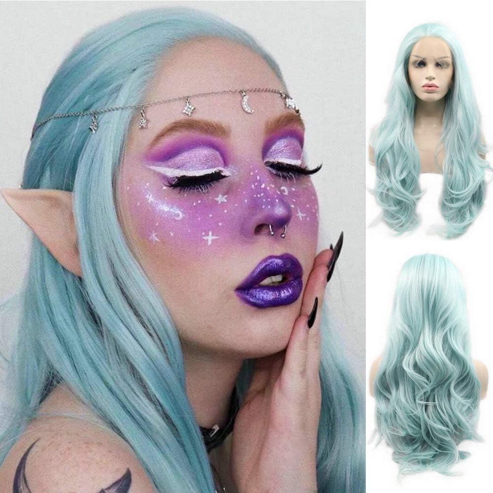 Body Wave Hair Blue Lace Front Wig Pastel Wig Natural Hairline Cosplay Holidays Synthetic Ladies Wigs Heat Resistant Fiber For Women Girls 24"