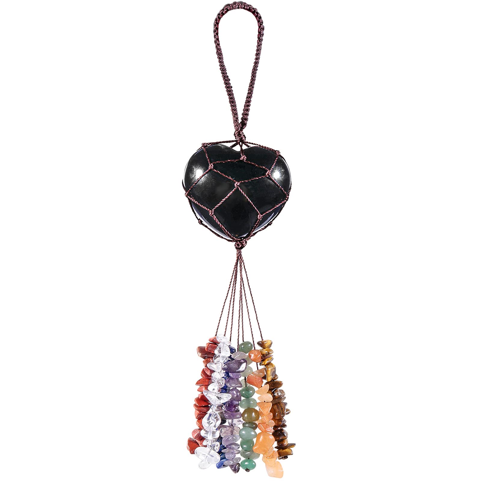 Nupuyai Obsidian Heart Crystal Stone Tassel Hanging Ornament, Fengshui Crystals 7 Chakra Reiki Healing Ornament for Home Car Good Luck Wedding Decor