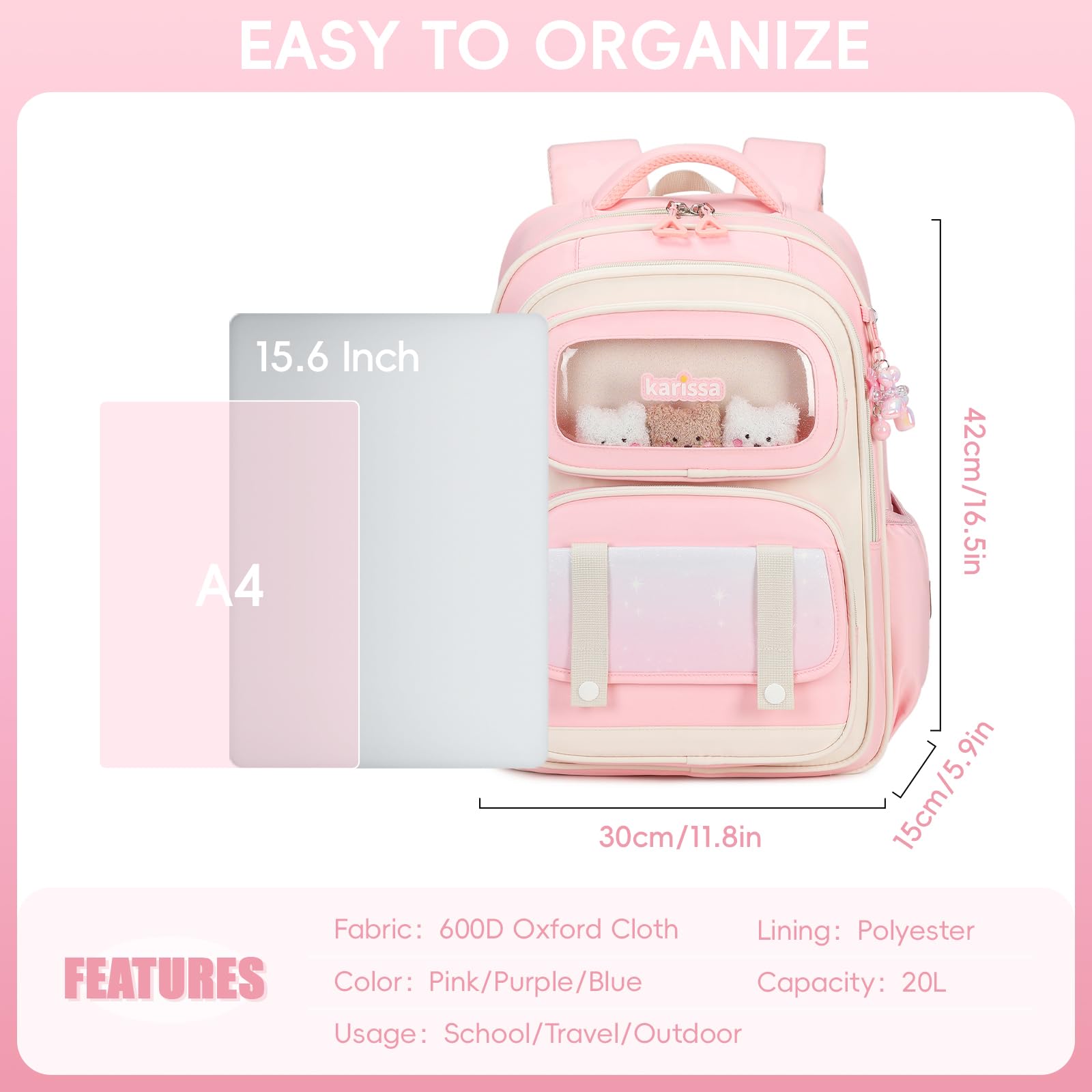 Tanou Schultasche Mädchen Rucksack Kinder Ergonomic Schulrucksack Kinderrucksack der 1. bis 5. Klasse Lässiger Ranzen Teenager für die Schule Reisen, 20 Liter, Rosa 4