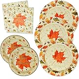 Thanksgiving Paper Plates and Napkins Disposable for 50 Guests includes 50 10" Dinner Plates 50 7" Dessert Plates and 100 Luncheon Napkins in Elegant Gold Foil Fall Design for Autumn Tableware Set