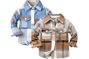 Feidoog Toddler 2 Pack Baby Boys and Girls Plaid Shirts Jacket Long Sleeve Lapel Button Down Top Outwear Clothes