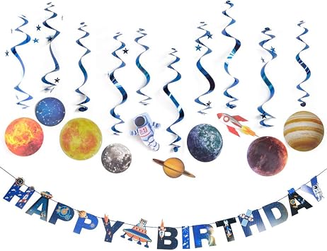 Solar System Hanging Decoration Outer Space Happy Birthday Banner Foil Whirls Hanging Swirls For Kids Birthday Solar System Party Supplies 11pcs