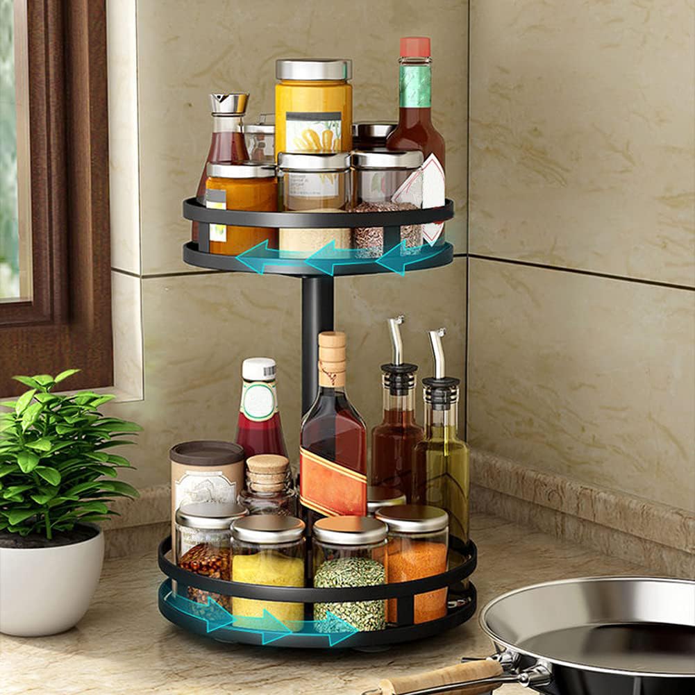 YunNasi Condiments Organiser Lazy Susan Cupboard Organiser Oil Rack Steel for Cupboard Kitchen Oil Storage for Pantry Cabinet and Kitchen Storage (Round, 2 Tier)