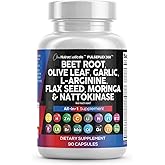 Clean Nutraceuticals Beet Root Capsules Olive Leaf Nattokinase Garlic Extract L-Arginine Omega 3 Red Yeast Rice Hibiscus Danshen - Healthy Support Supplement - 90 Ct