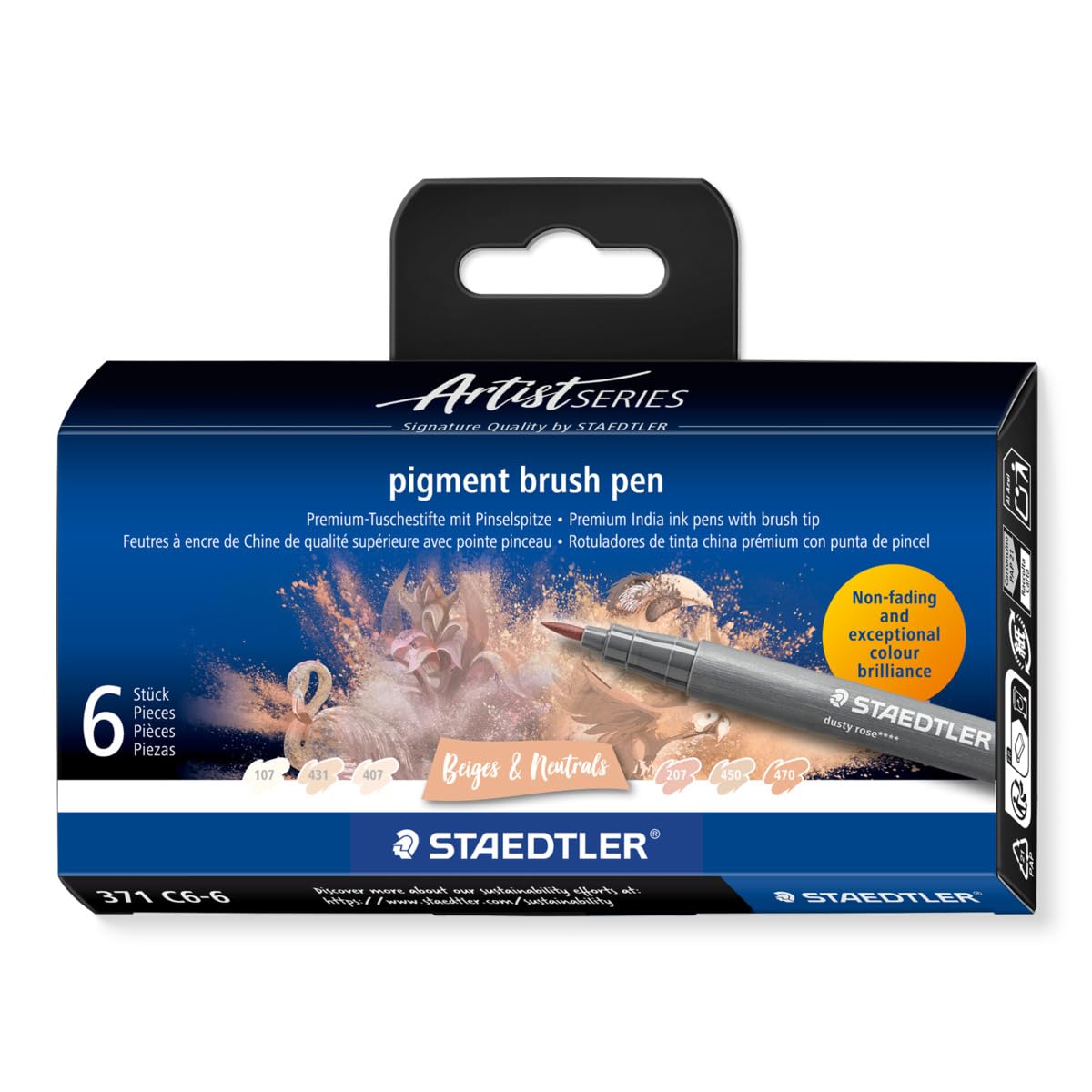 STAEDTLER 371 C6-6 Pigment Arts Brush Pen - Assorted Nude & Beige Colours (Pack of 6)