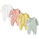 IADOER Newborn Baby Romper - Unisex Cotton Bodysuit for Infant Baby Boys Girls 4 Pack Long Sleeve Button Solid Jumpsuits