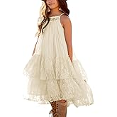 Batermoon Girls Lace Backless Tulle Dress Halter Neck Boho Flower Girl Sleeveless Ruffle Swing Party Dress