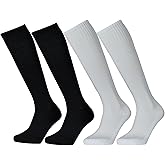 Ltxyivty 2 Pairs Solid White and Black Soccer Softball Baseball Football Socks for 7-13 Years Old Boys and Girls Breathable Sports Training School Socks