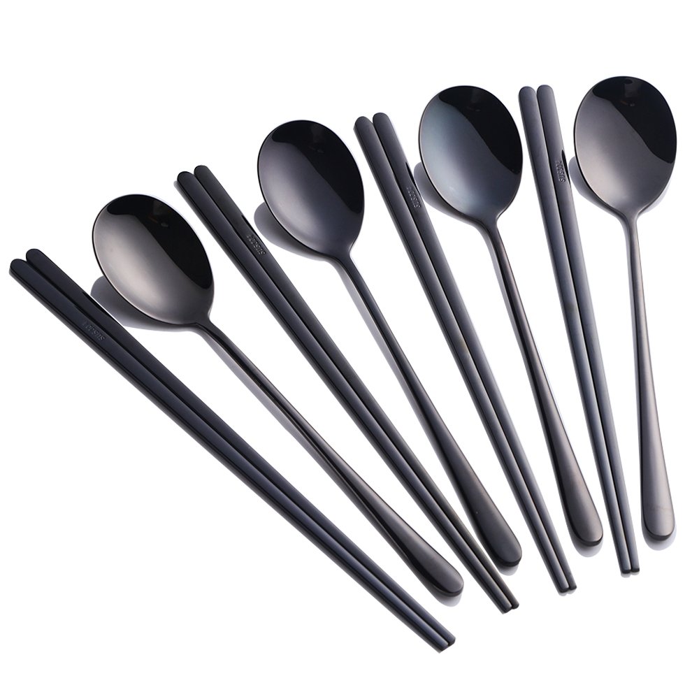 Buyer Star 4 Sets Korean Chopsticks Korean Spoons Black Stainless Steel Chopsticks Spoon Service for 4 People