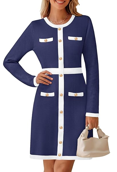 MEROKEETY WOMEN'S 2024 SWEATER DRESS LONG SLEEVE COLOR BLOCK BUTTON BODYCON  KNIT MIDI WORK DRESSES