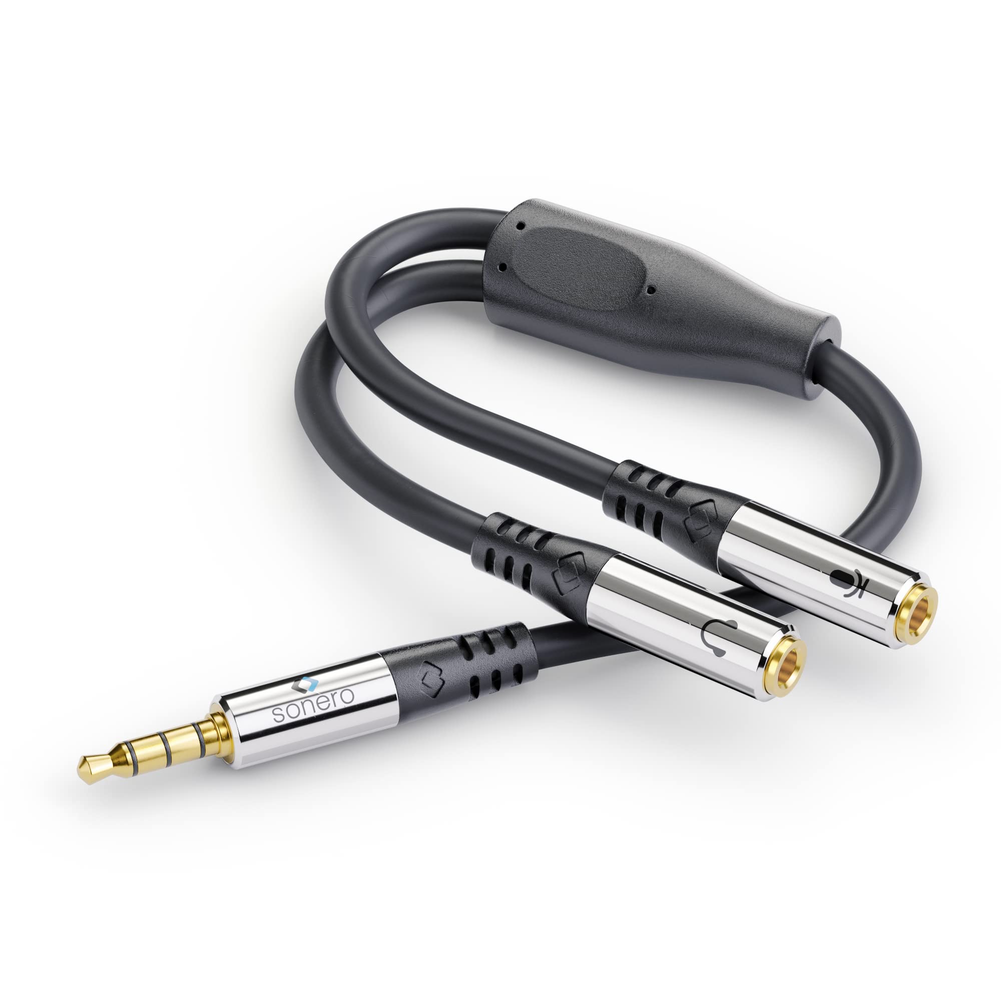 Sonero® Headset Adapter, Y-Adapter Cable, 1 x 3.5 mm Male to 2 x 3.5 mm Female, Headphones and Microphone to Jack Connection, Black, 0.25 m — image 1