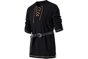 JEMITOP Men's Pure Cotton Vintage Lace Up Shirts for Pirate Renaissance Viking Medieval Costume Without Belt
