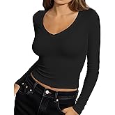 Artfish Women's Long Sleeve V Neck Crop Top Ribbed Knit Slim Fitted Basic T-Shirts