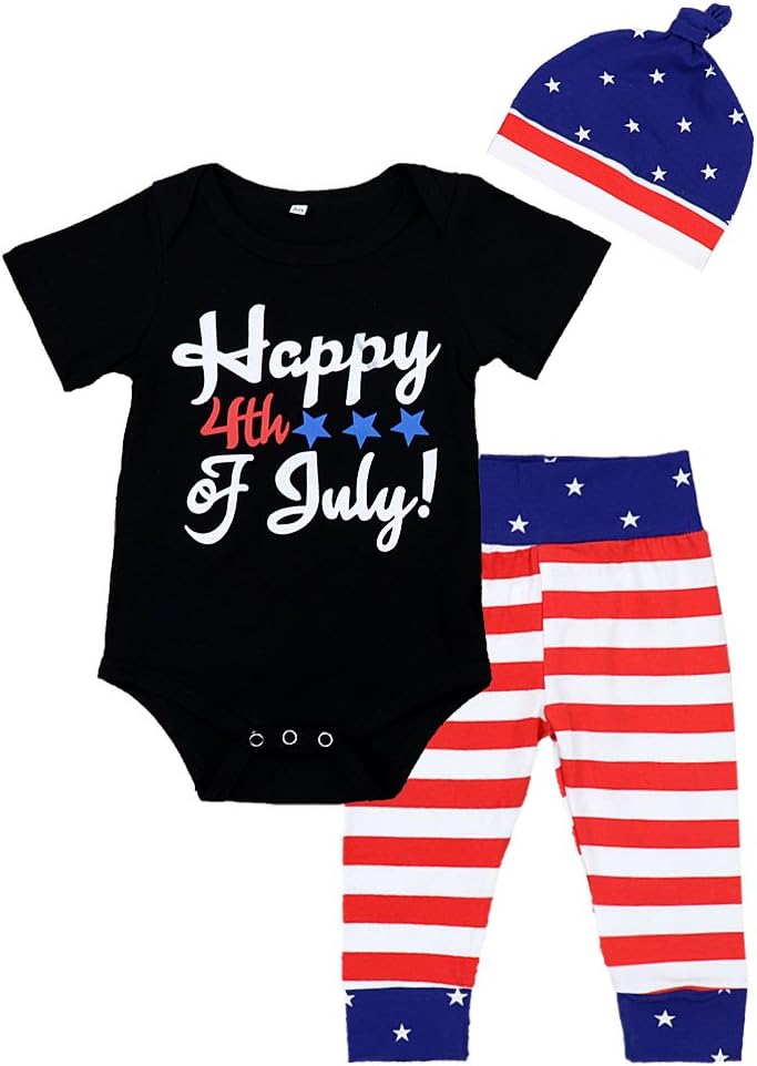 4th of July Baby Boy Girl Outfits Short Sleeve America Flag Clothes Set with Hat