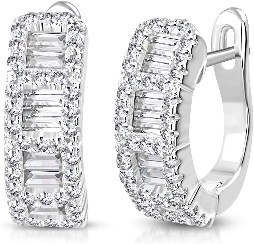 925 Sterling Silver Baguette Round CZ Hoop Huggie Earrings, 0.5"