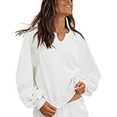 Fisoew Womens Oversized Sweatshirt Casual V Neck Lace Lantern Long Sleeve Cropped Loose Fit Fall Pullover Tops