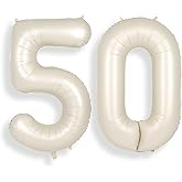 SUWEN 40 Inch Large Cream White 50 Balloon Numbers Big Foil Helium Number Balloons 0-9 Jumbo Happy 50th Mylar Birthday Party Decorations for Women or Men Anniversary Party Supplies
