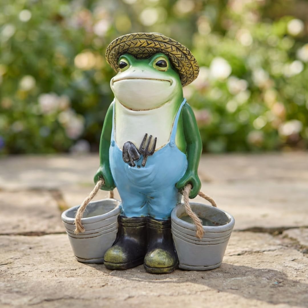Frog Garden Ornament with Buckets – Funny Frog Garden Statue Outdoor, Decorative Animal Garden Decor, Small Novelty Garden Ornament, Gardening Gift for Gardeners, Patio Lawn Decoration