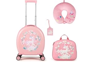KOTEK Kids Luggage, 4 Piece Suitcase Set, 14” Kids Carry on Luggage with Wheels, Hardshell Backpack, Neck Pillow, Luggae Tag,