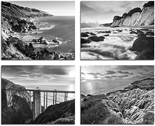 B&amp;W Beach Wall Art - 8x10 Inch Photos - Set of Four - "California Coast Beaches" by TravLin Photography