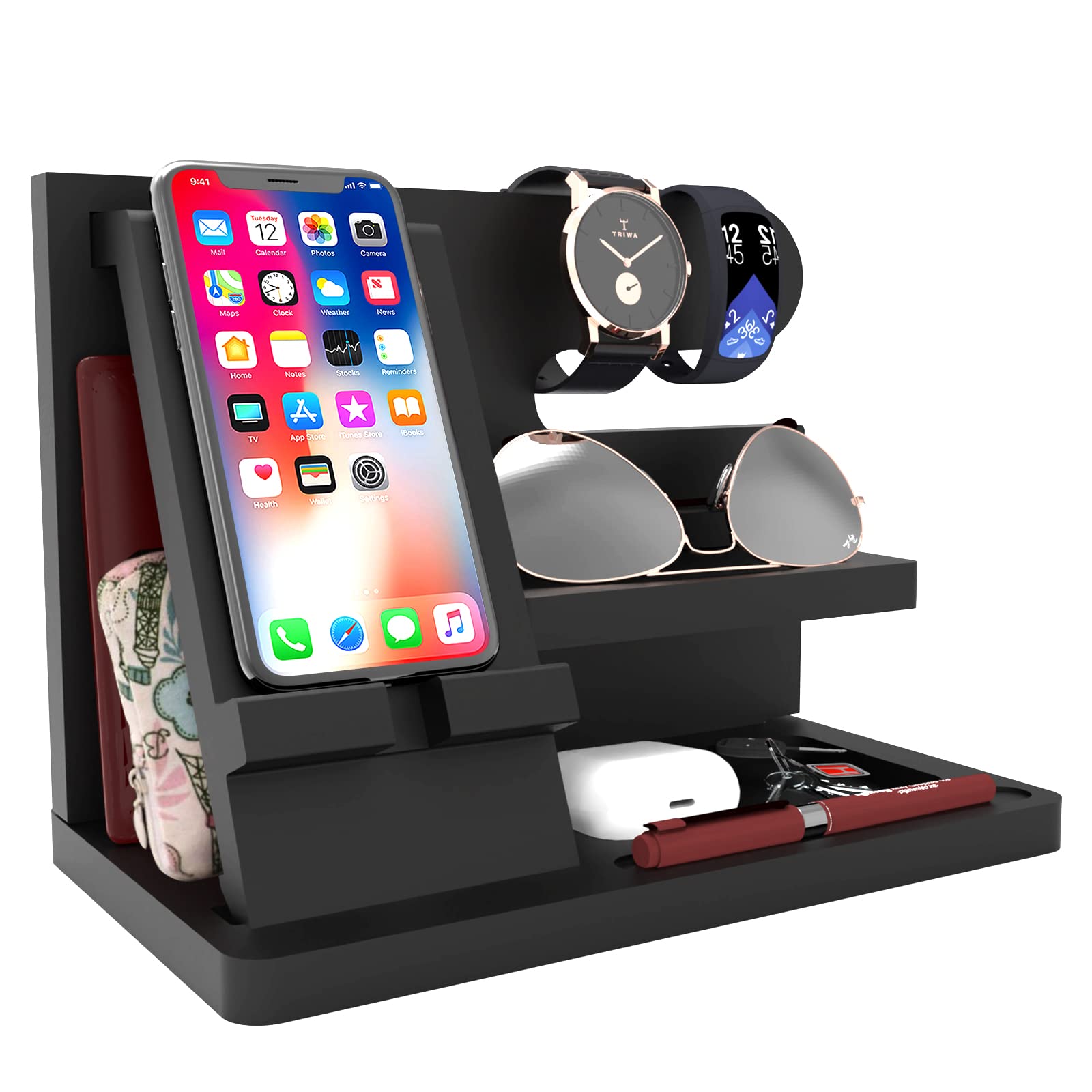 Iswabard Gifts for Men Desk Organizer Wooden Phone Docking Station Key Wallet Holder Watch Organizer Men Birthday Gifts for Dad Birthday Gift Nightstand Organizer