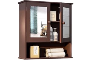 TaoHFE Brown Medicine Cabinets for Bathroom with Mirror 2 Doors 3 Open Shelf Bathroom Hanging Cabinet Wall Mounted Wooden Bathroom Storage Cabinet Over Toilet Bathroom Cabinet Laundry Room Kitchen