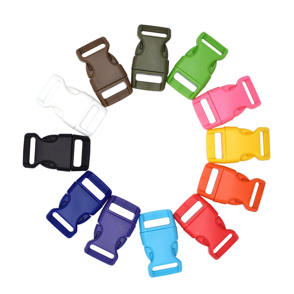 KEEJEA Plastic 15mm Curved Side Release Buckles, Pack of 12 - Militarystyle, Colors: Black, White, Light Blue, Yellow, Green, Military Green, Orange, Brown, Red, Pink, Purple, Blue