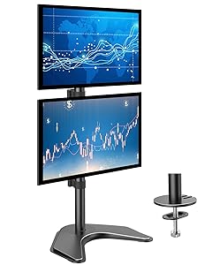 HUANUO Dual Monitor Stand - Vertical Stack Screen Free-Standing Holder LCD Desk Mount Fits Two 13 to 32 Inch Computer Monitors with C Clamp Grommet Base