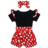 IDOPIP Baby Girls Ruffle Sleeves Romper Top+Polka Dots Shorts Pants Set with Headband Birthday Outfit Summer Boutique Clothes