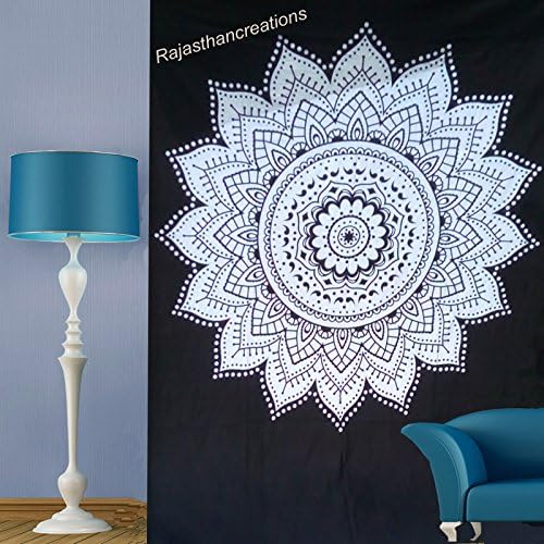 Rajasthancreations Indian Star Sun Tapestry Hamsa Hand Throw Indian Hippie Tapestry Wall Hanging, Urban Sketched Hand Tapestry, Urban Tapestry Wall Decor Dorm Deco Bedding (Queen (white))