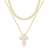 OGD Bubble Cross Necklace for Women 14k Gold Plated Cross Necklace Stackable Dainty Gold Necklace Mariner Chain Necklace CZ Cross Pendant Necklaces Set Simple Jewelry Gift