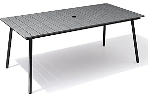 VredHom Aluminum 70 Inch Patio Outdoor Dining Table for 6, Umbrella Hole & Wood-Like Top, All-Weather Deck & Backyard Table