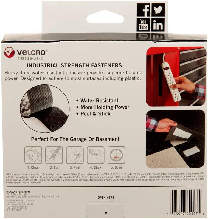 VELCRO Brand Heavy Duty Tape with Adhesive | 15 Ft x 2 In | Holds 10 lbs, Black | Industrial Strength Roll, Cut Strips to Length | Strong Hold for Indoor or Outdoor Use : Mounting Tapes : Office Products