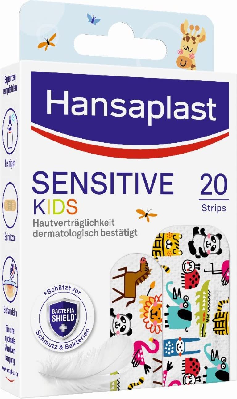 Hansaplast Sensitive Children's Plaster (20 Strips), Wound Plasters with Cute Animal Motifs to Cheer, Painless Remove Plaster Set