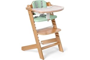 Cowiewie Natural Wooden High Chair for Babies & Toddlers 3-Tier Remove Adjustable Tray and Highchair with Cushions, Easy to C