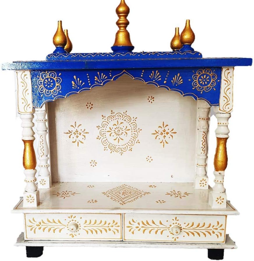 Anshika International Handmade White Blue Wooden Temple/Home Temple/Pooja Mandir/Pooja Mandap/Temple for Home Shops & Office (White Blue, Lx Wx H - 18" x 9" x 22")