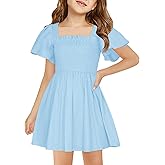 Haloumoning Girls Ruffle Short Sleeve Smocked Summer Dress Kids Square Neck A Line Flowy Mini Dresses 5-14 Years