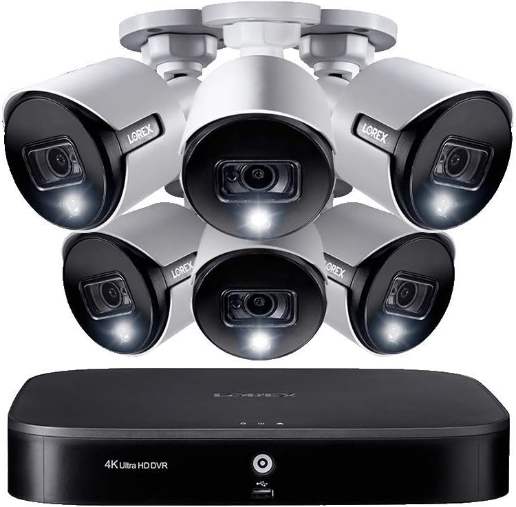 Lorex Weatherproof Indoor/Outdoor Wired Home Surveillance Security System, 6 x 4K Ultra HD Cameras w/Long Range Color Night Vision, Smart Home Compatible w/Alexa (6 Pack) – Incl. 2TB 8 Channel 4K DVR