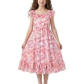 WELAKEN Girls Sleeveless Elastic Straps Summer Dress - Ruffle Hem Flowy Sundress