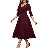 Nmoder Women's Casual Wrap Flared Midi Dress Wedding Guest Cocktail Tea Dresses A-Line Swing V-Neck 3/4 Sleeve