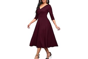 Nmoder Women's Casual Wrap Flared Midi Dress Wedding Guest Cocktail Tea Dresses A-Line Swing V-Neck 3/4 Sleeve