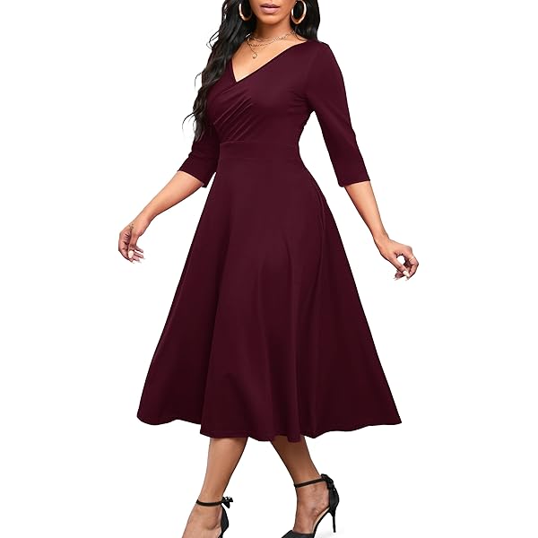 Amazon.com: HOMEYEE Women's Chic V-Neck Lace Patchwork Flare Party Dress  A062 (Wine Fabric B, S) : Clothing, Shoes & Jewelry
