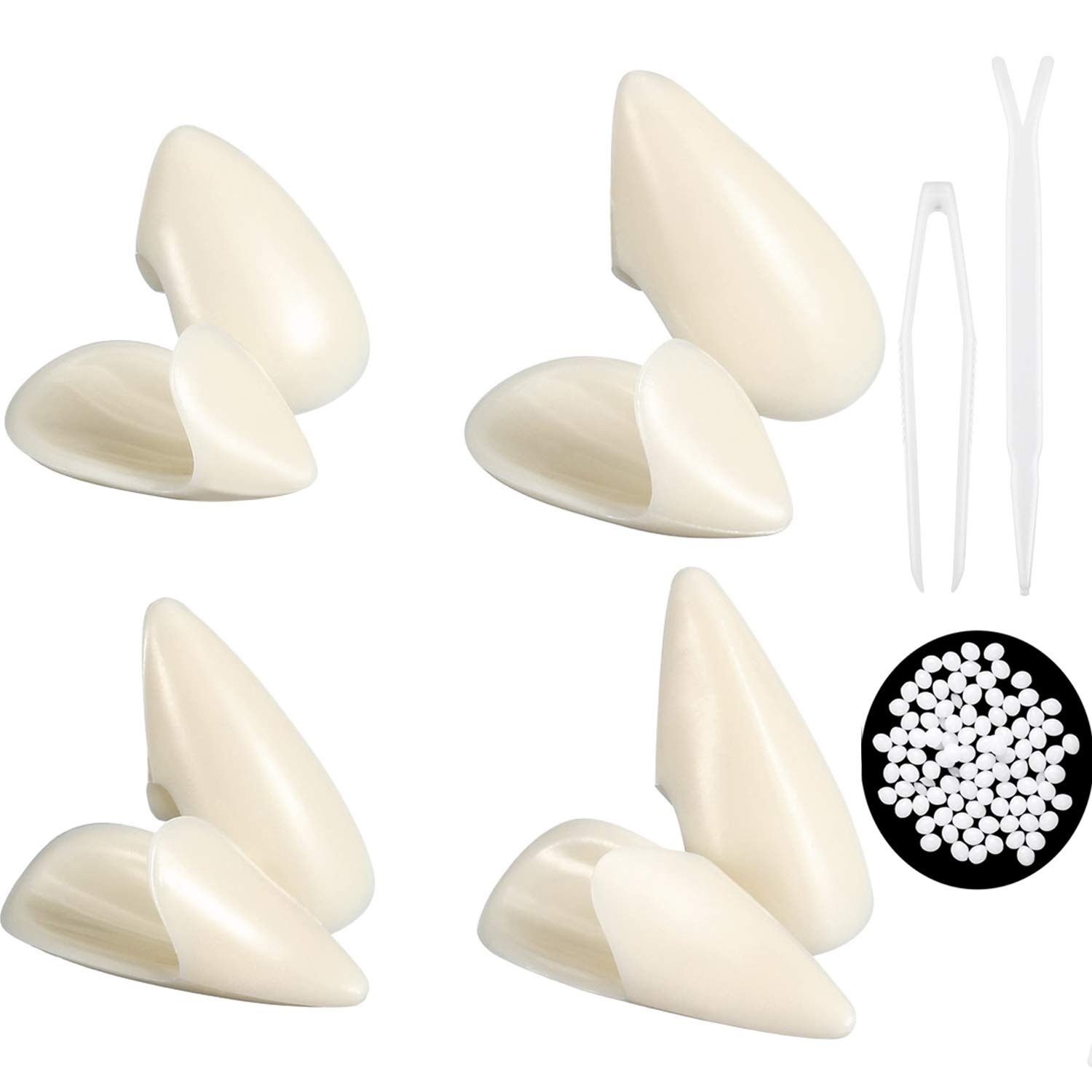 Photo 1 of BBTO Set of 8 Vampire Teeth 4 Size Halloween Cosplay Fangs Fake Teeth with Tooth Pellets Adhesive Installation Tools and Instruction Halloween Party Cosplay Dentures Prop(White)