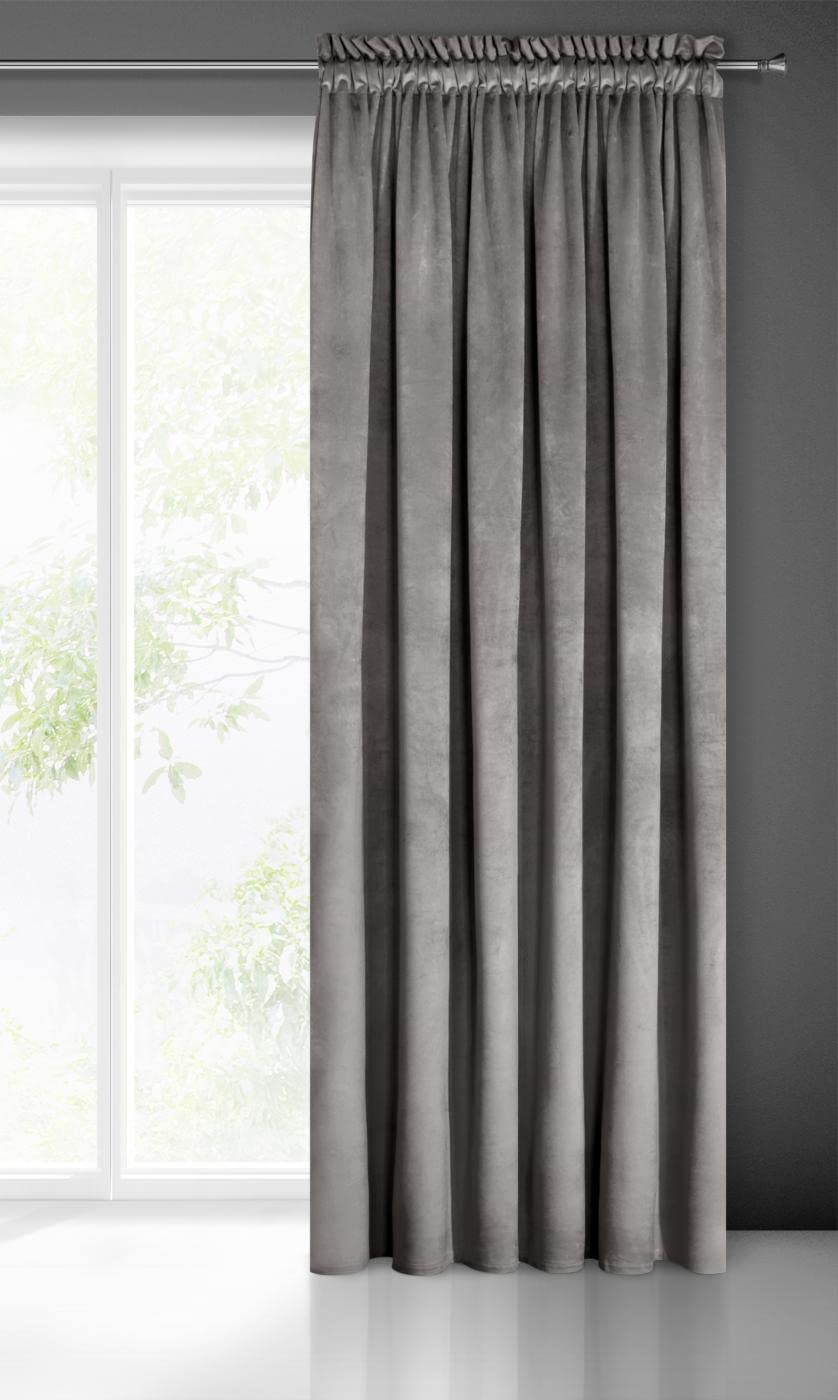 Eurofirany PIERRE Soft Plain Opaque Velvet Curtain with Rufflette Tape For Rail - 1 Unit, Fluffy Panel Drape Classic Glamour Elegant Living Room, Bedroom, 215 g/m2, W55 x L118, Grey
