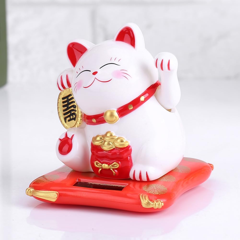 Lazmin Solar Powered Welcoming Waving Beckoning Fortune Lucky Cat Cute Waving Cat Home Stores Car Decoration(White)