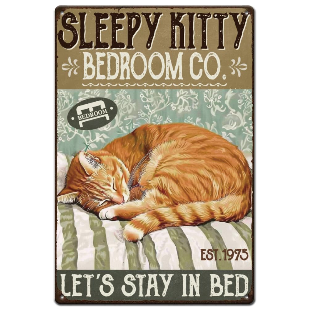 SUPERDANT Cat Metal Signs Kitty Tin Signs Sleeping Cat Wll Plaques Let's Stay In Bed Vintage Wall Art for Home Bar Cafe Garage Hotel Diner Gym Man Cave
