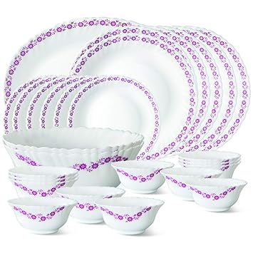 Larah by Borosil Lilac Opalware Dinner Set, 27-Pieces, White