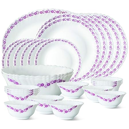 Larah by Borosil Lilac Opalware Dinner Set, 27-Pieces, White